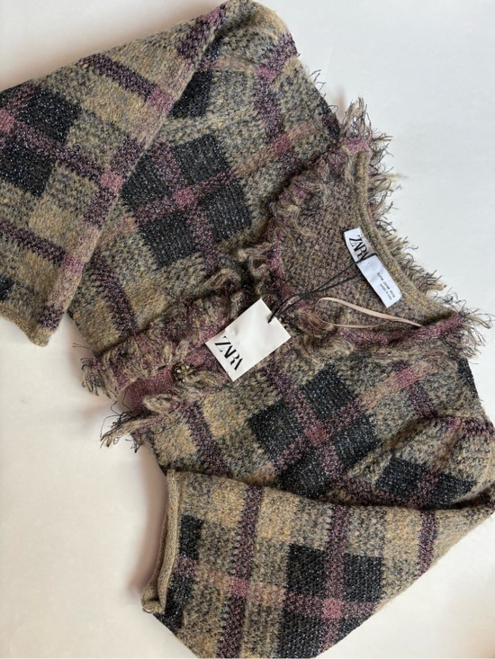NWT Zara Knitted Cardigan – Plaid Tweed Style with Fringes –SIZE M